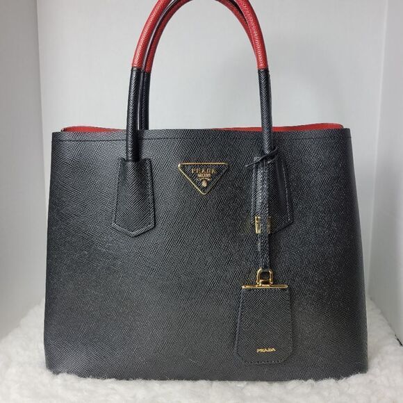 Prada Saffiano Women's 2 Tone Red And Black Large Double Tote Bag - Picture 13 of 15